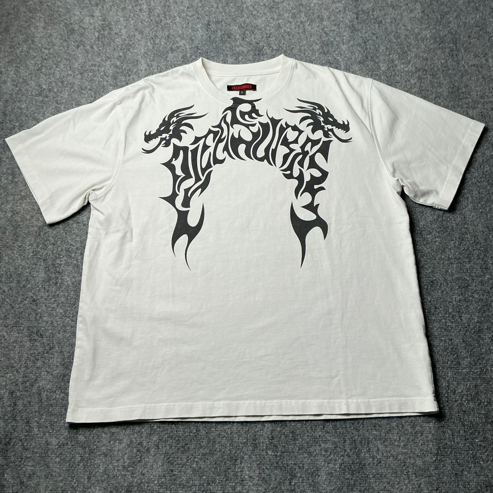 Pleasures Mens Tribal Dragon Graphic T-Shirt White Large Streetwear Crew Neck